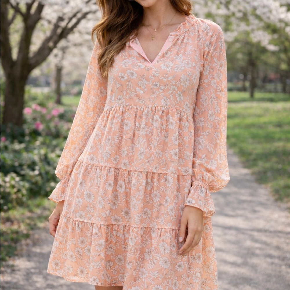 Peach Floral Boho Style Dress Large Cotton Tiered Ruffle Spring  by est 1946